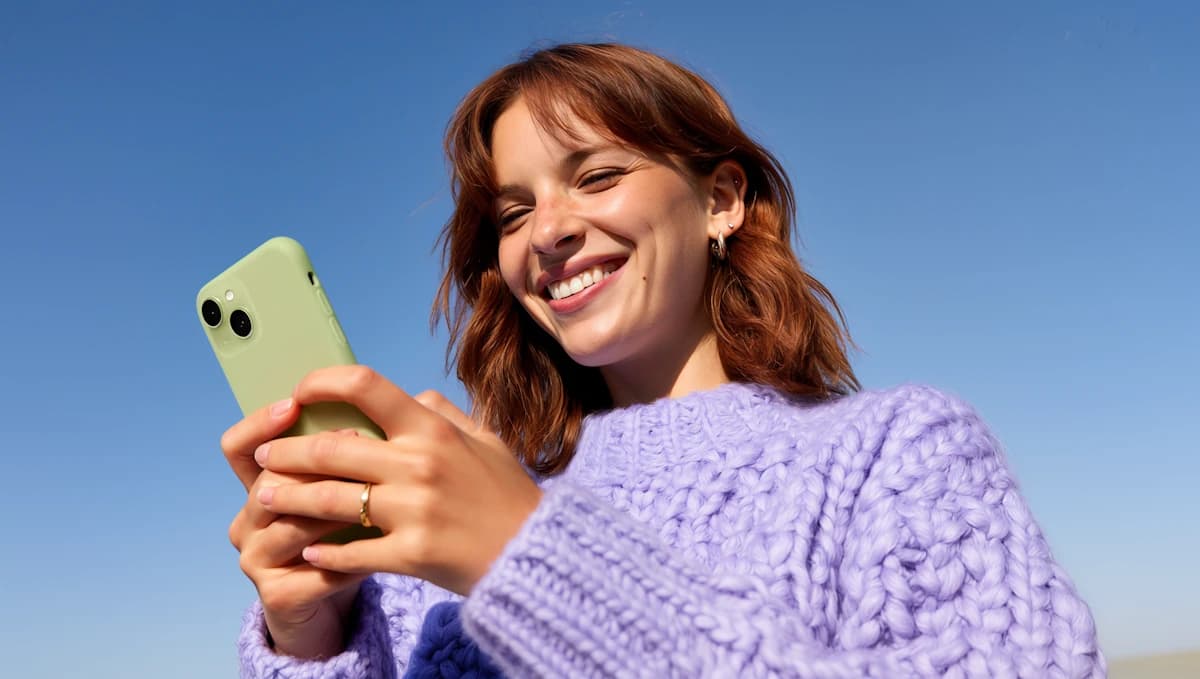Pessoa sorrindo enquanto usa o celular ao ar livre