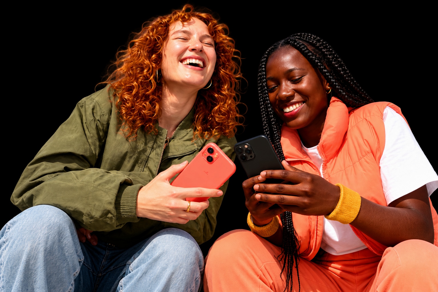 Duas amigas sorrindo e usando seus celulares ao ar livre, sob um céu azul